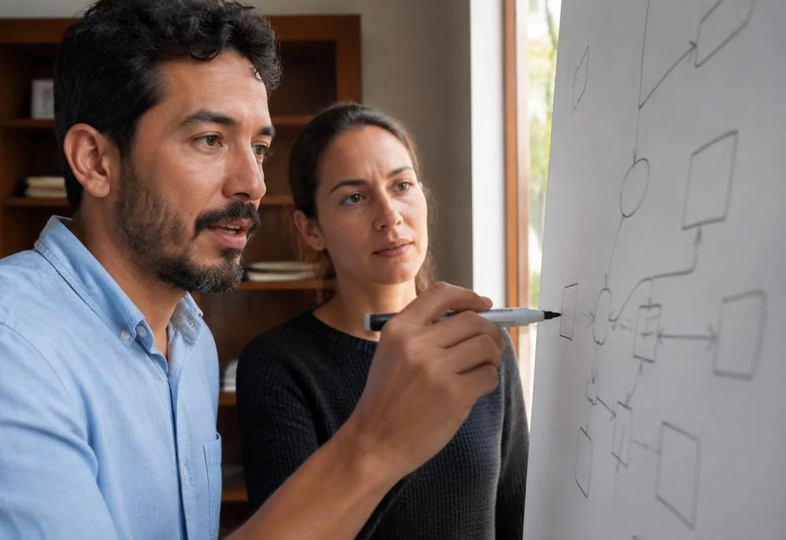 Dupla desenhando no quadro branco a estrutura de uma tese